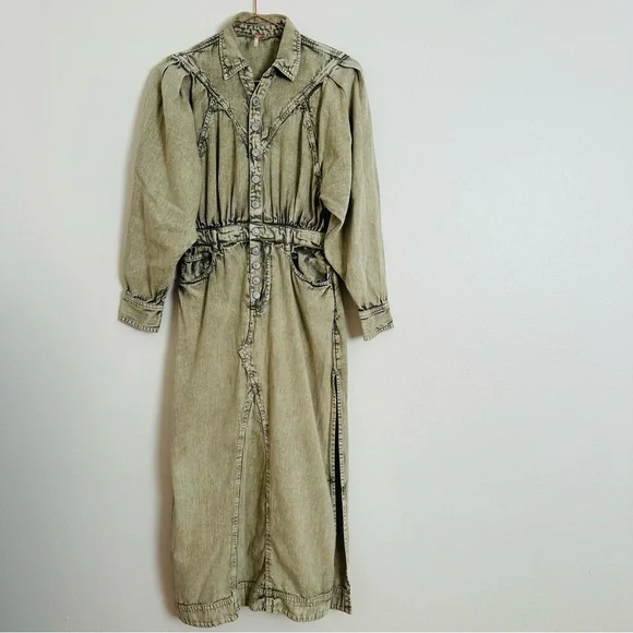 Free People Sage Denim Midi Dress Light Khaki Long Sleeve